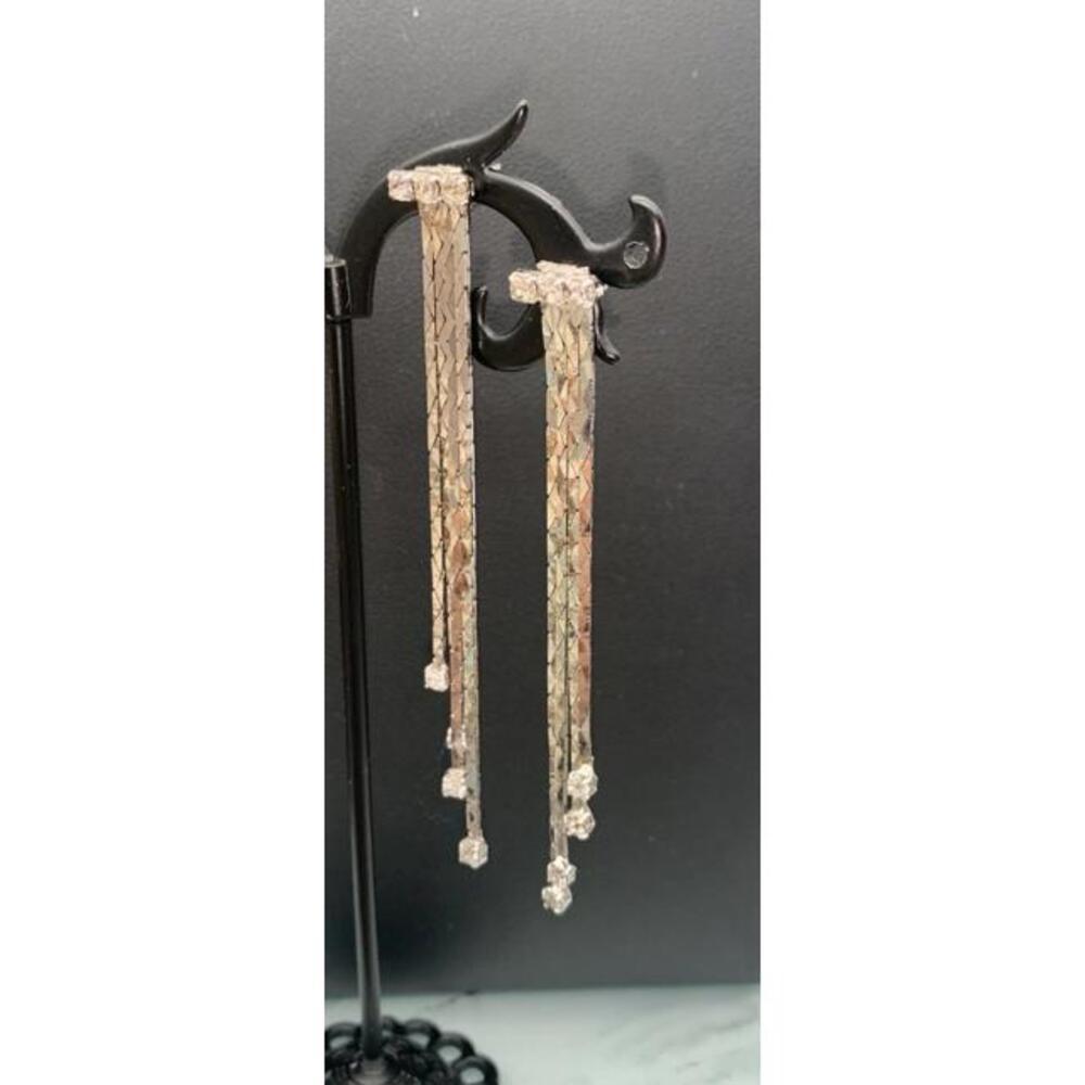 Silver Tone Simple Elegance Herringbone Dangle Earrings With Clear Rhinestones